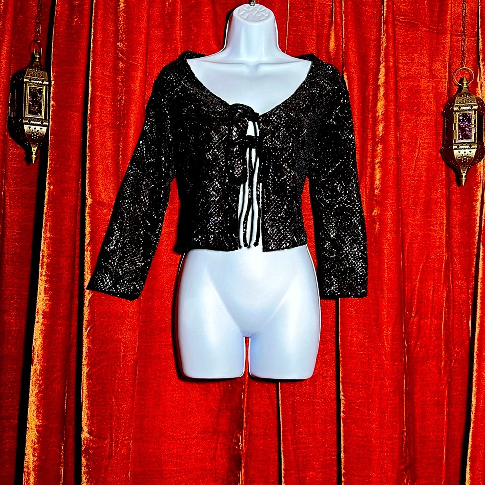 Shiny snake pattern tie cropped jacket. 90’s era vintage Betsey Johnson L black